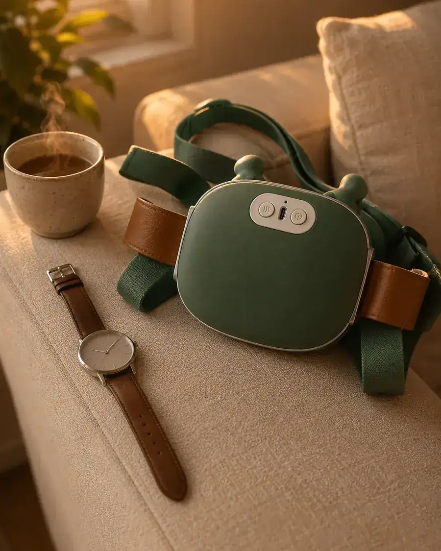 Le châle de massage posé sur l'accoudoir d'un canape, a cote d'une tasse fumante et d'une montre a aiguilles
