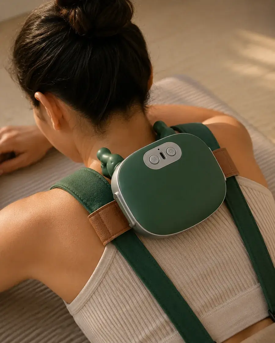 Le châle de massage posé sur le haut du dos d'une personne allongee sur le ventre, cadrage nuque et trapezes