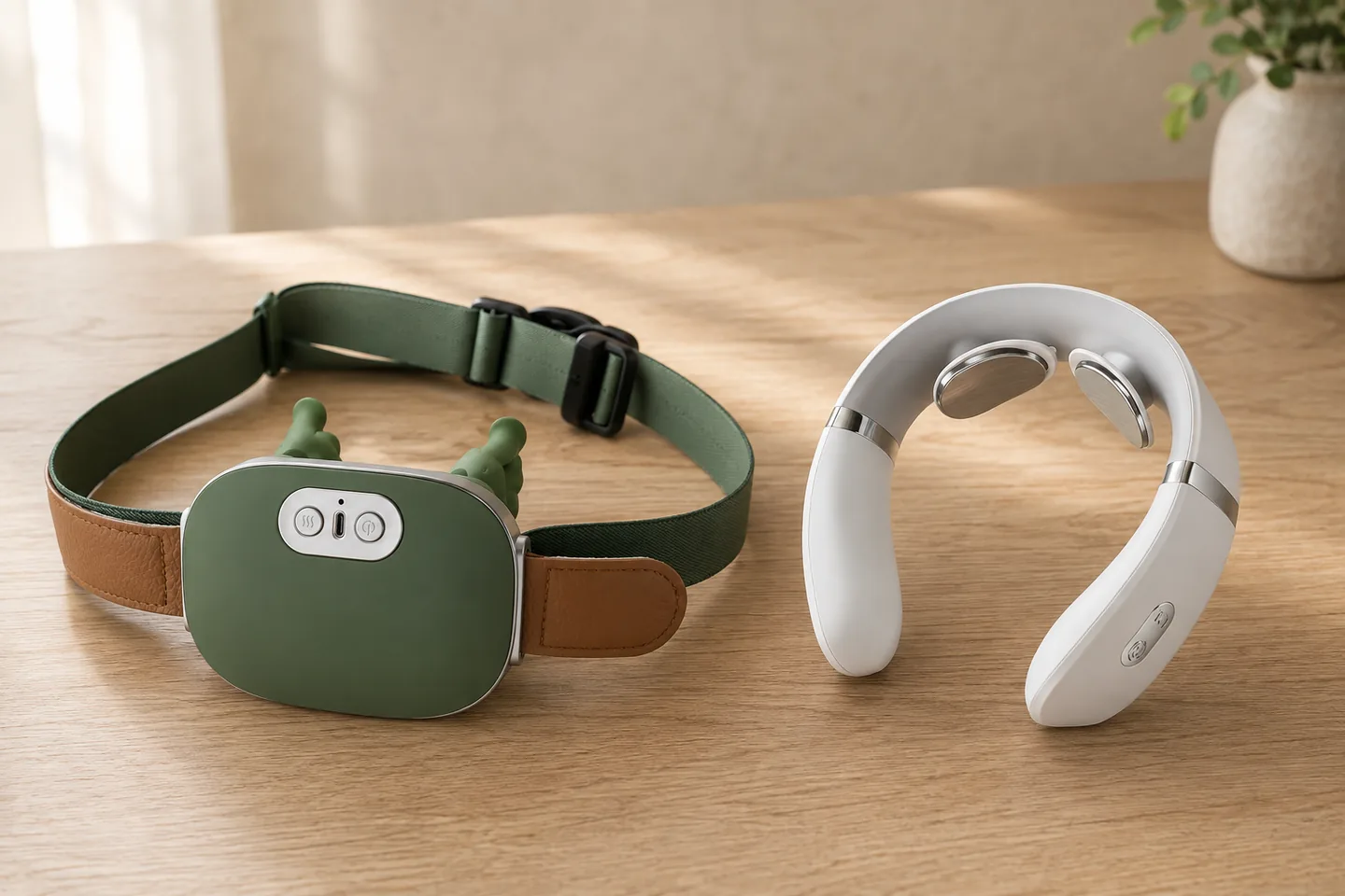 Le châle de massage Nuquea vert et le collier de massage blanc posés côte à côte sur une table en bois clair
