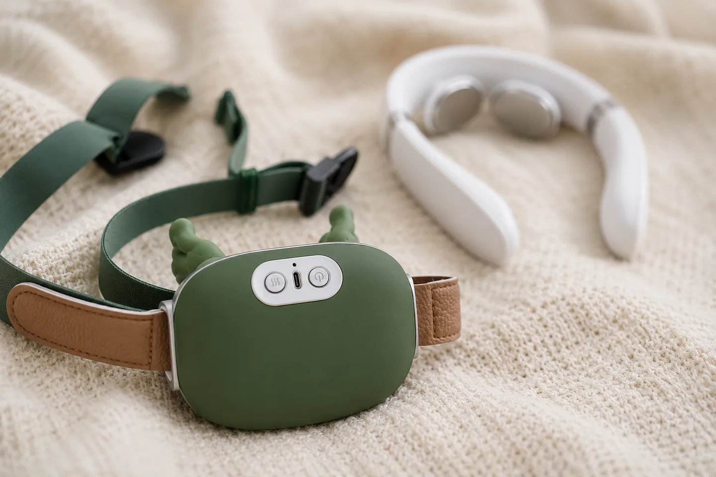 Le châle de massage vert net au premier plan, le collier blanc légèrement en retrait et flou, sur un plaid clair