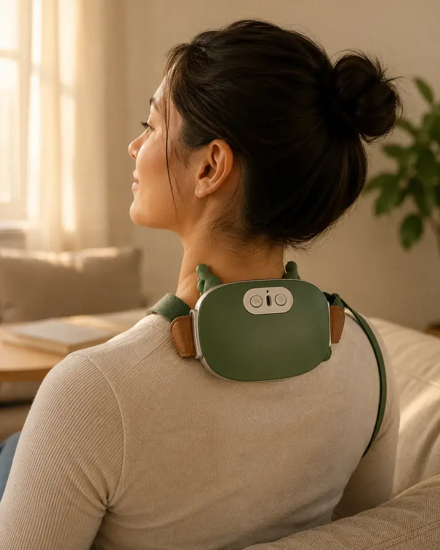 Une femme porte le châle de massage sur la nuque, vue de trois quarts arrière, expression apaisée