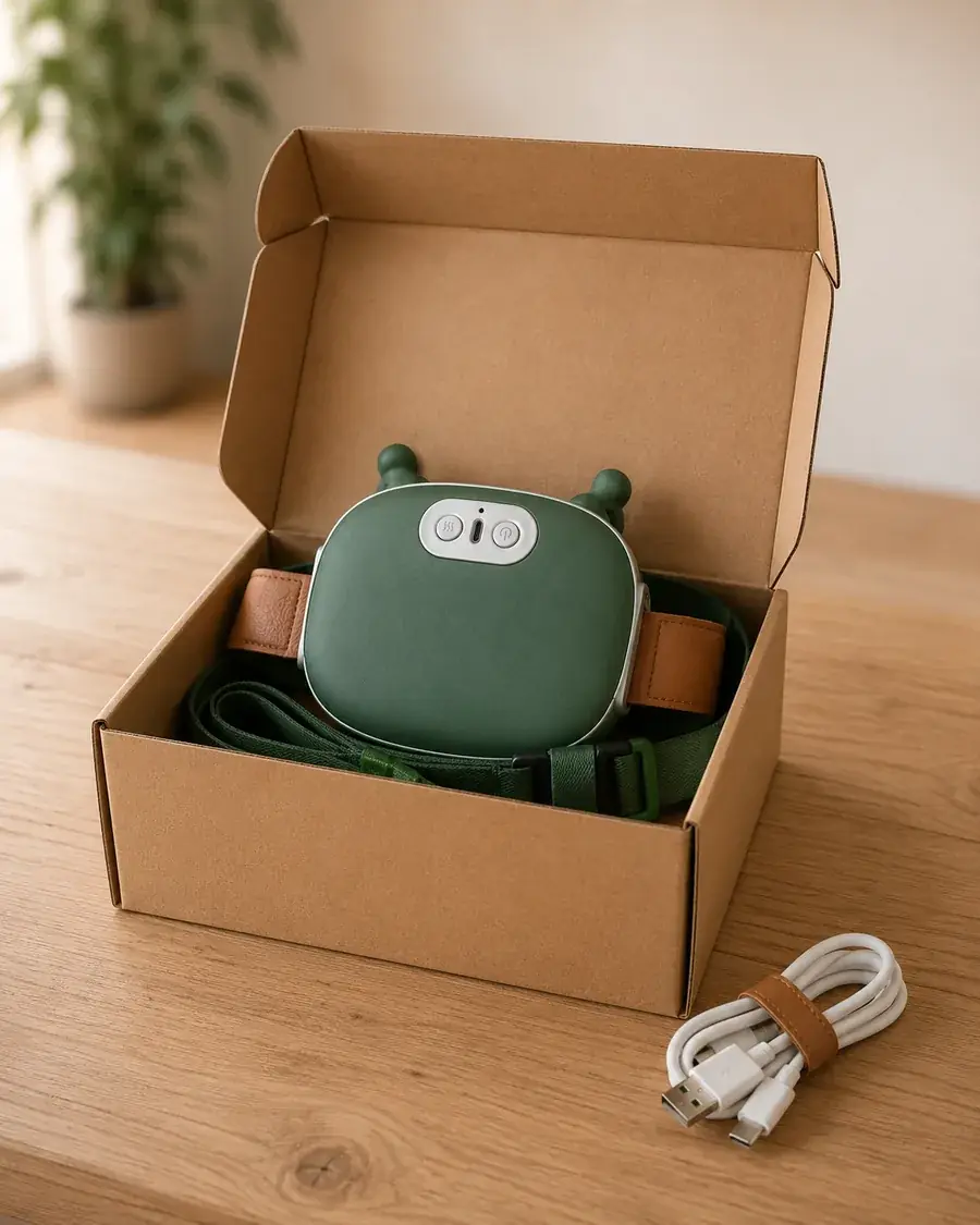 Le châle de massage dans un carton kraft ouvert et vierge, câble de charge enroulé a côté
