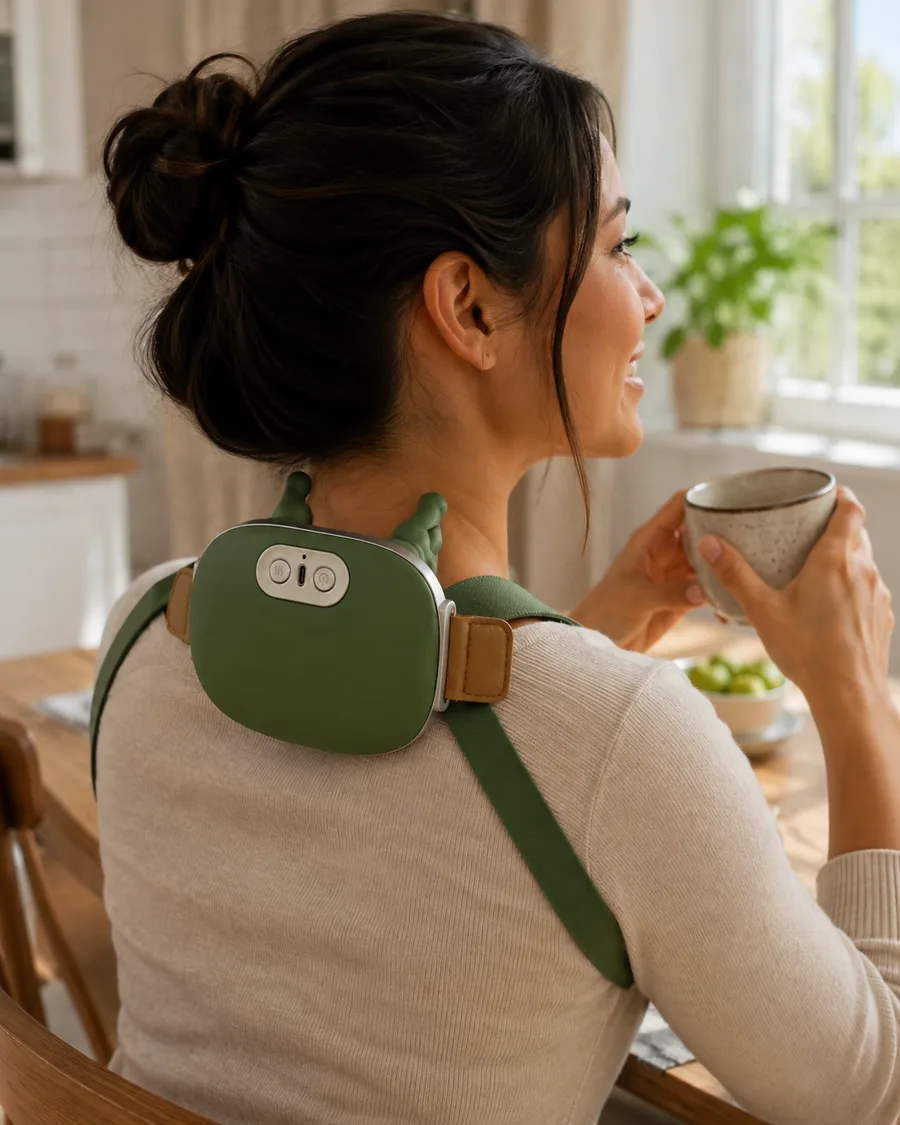 Une femme assise à une table de cuisine, tasse à la main, le châle de massage en place sur la nuque, matin clair