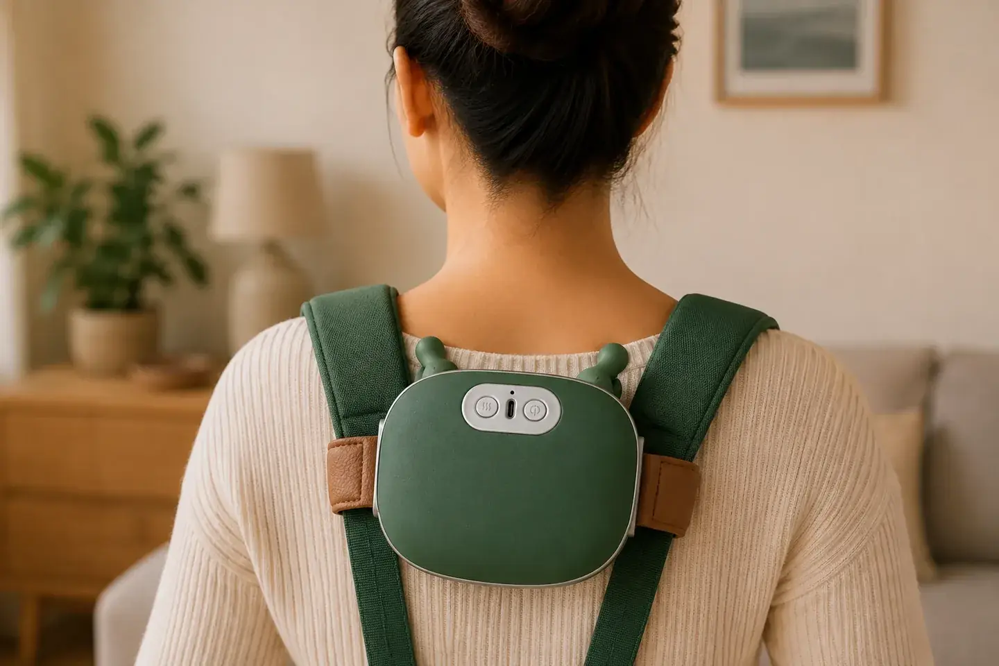 Le châle de massage placé plus bas sur les trapèzes d'une personne vue de dos, cadrage haut du dos