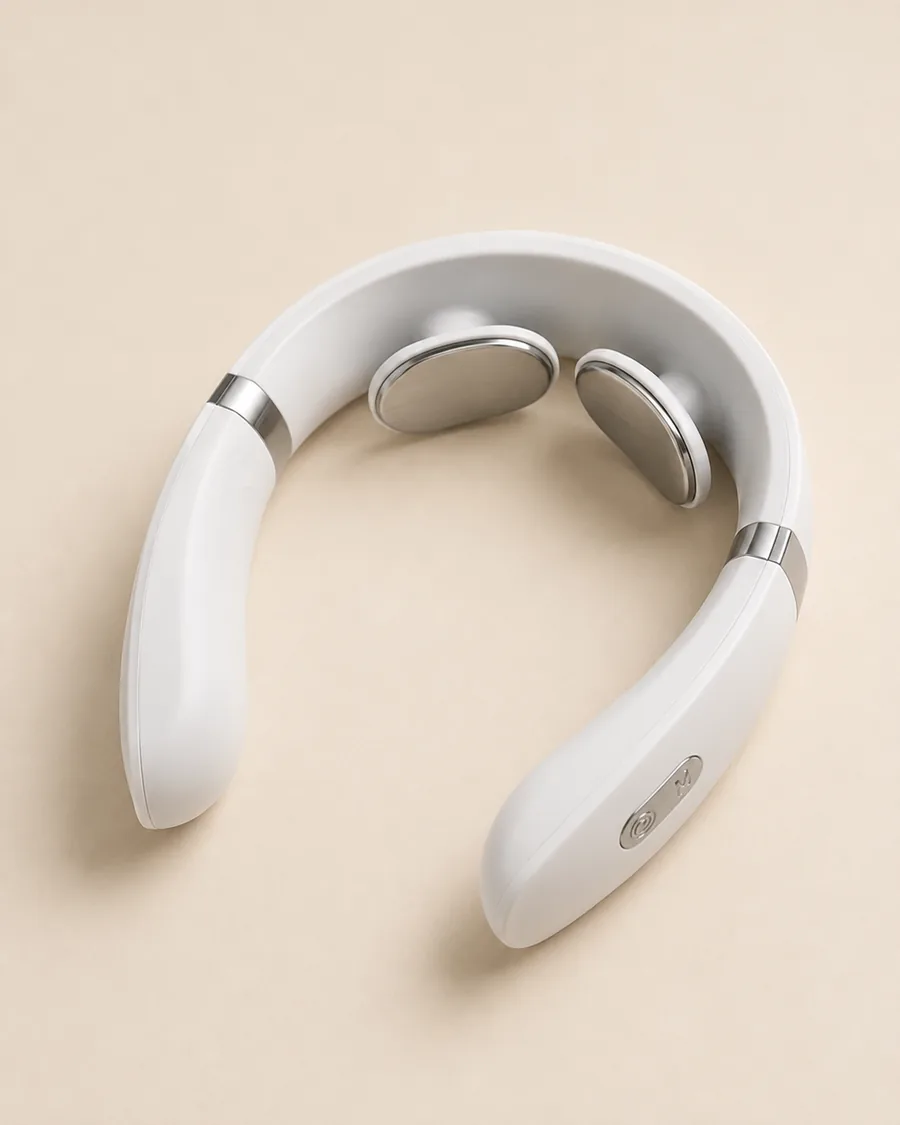 Le collier de massage blanc posé sur fond crème neutre, ses électrodes métalliques visibles