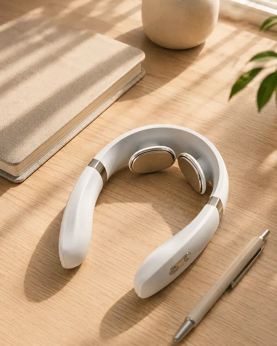 Le collier de massage blanc posé sur un bureau à côté d'un carnet ferme et d'un stylo, lumiere d'apres-midi