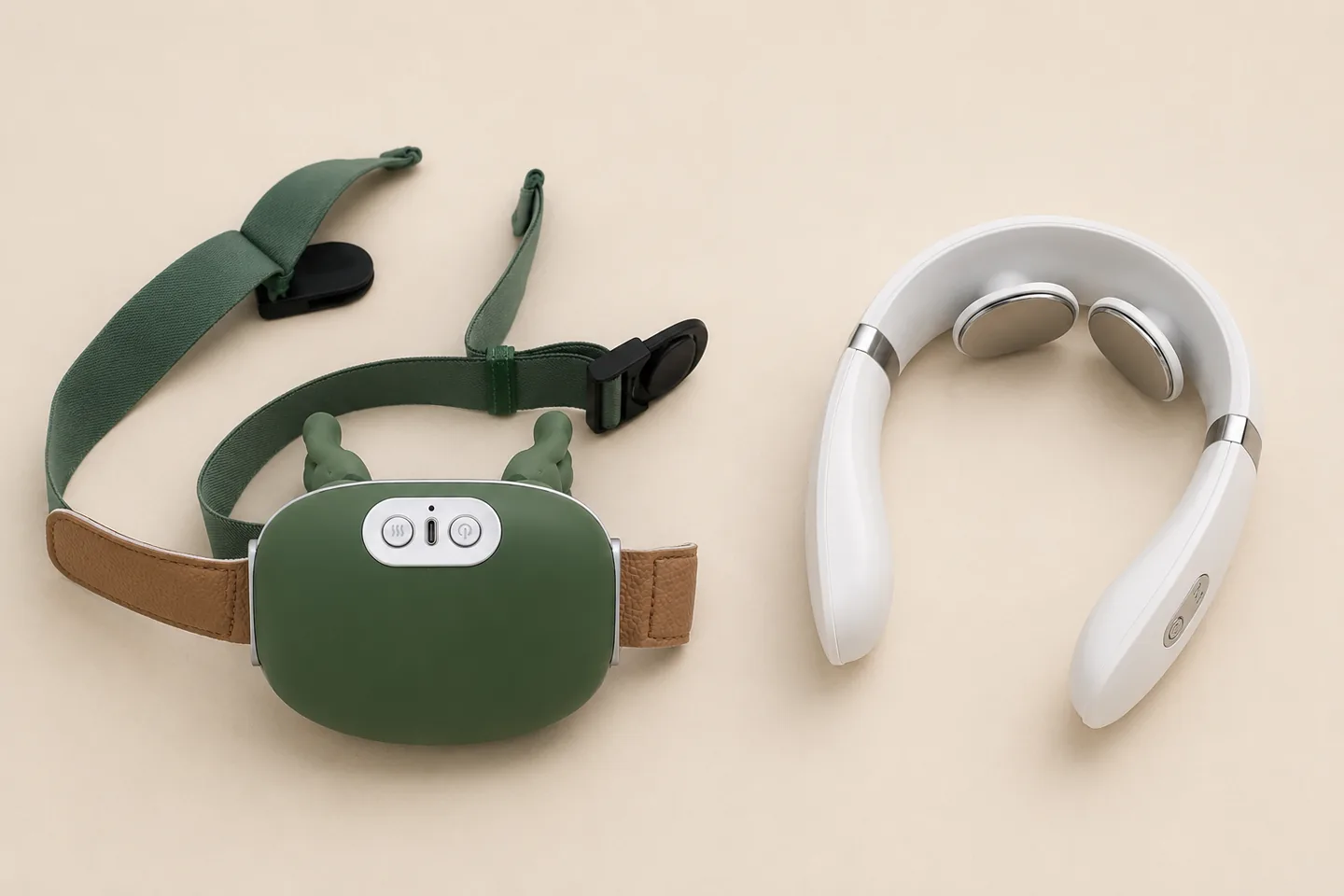 Le châle de massage Nuquea vert et le collier blanc posés à plat sur fond crème, vus du dessus et nettement séparés