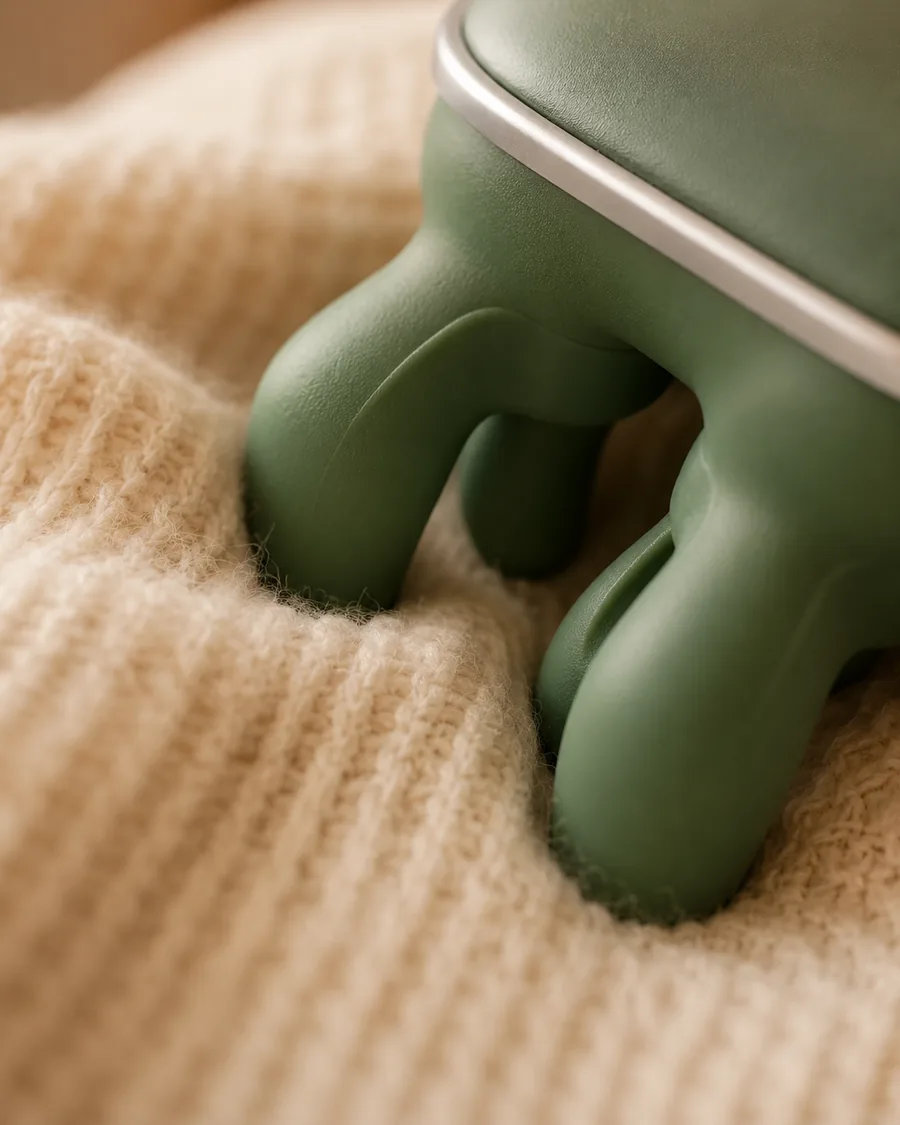Macro des doigts en silicone vert des têtes de massage du châle, posées sur un tricot crème