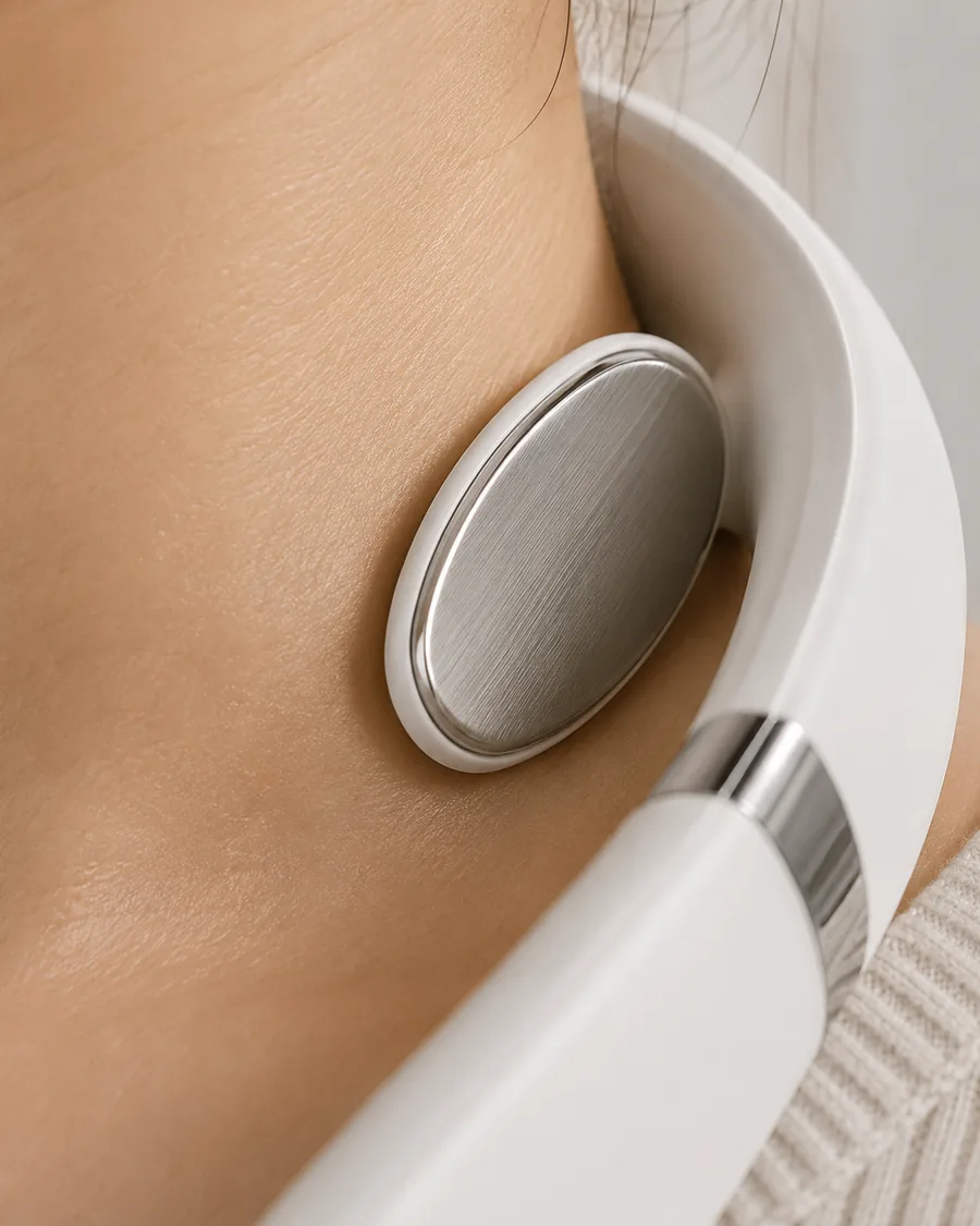 Une électrode métallique ovale du collier de massage au contact de la peau, cadrage serré sur le côté du cou