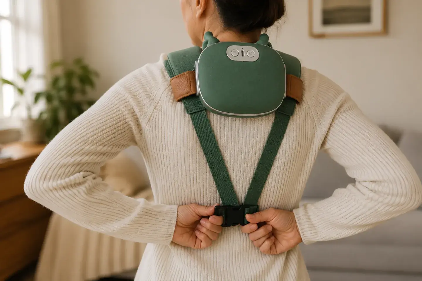 Une femme vue de dos ferme la boucle de la sangle du châle de massage dans son dos