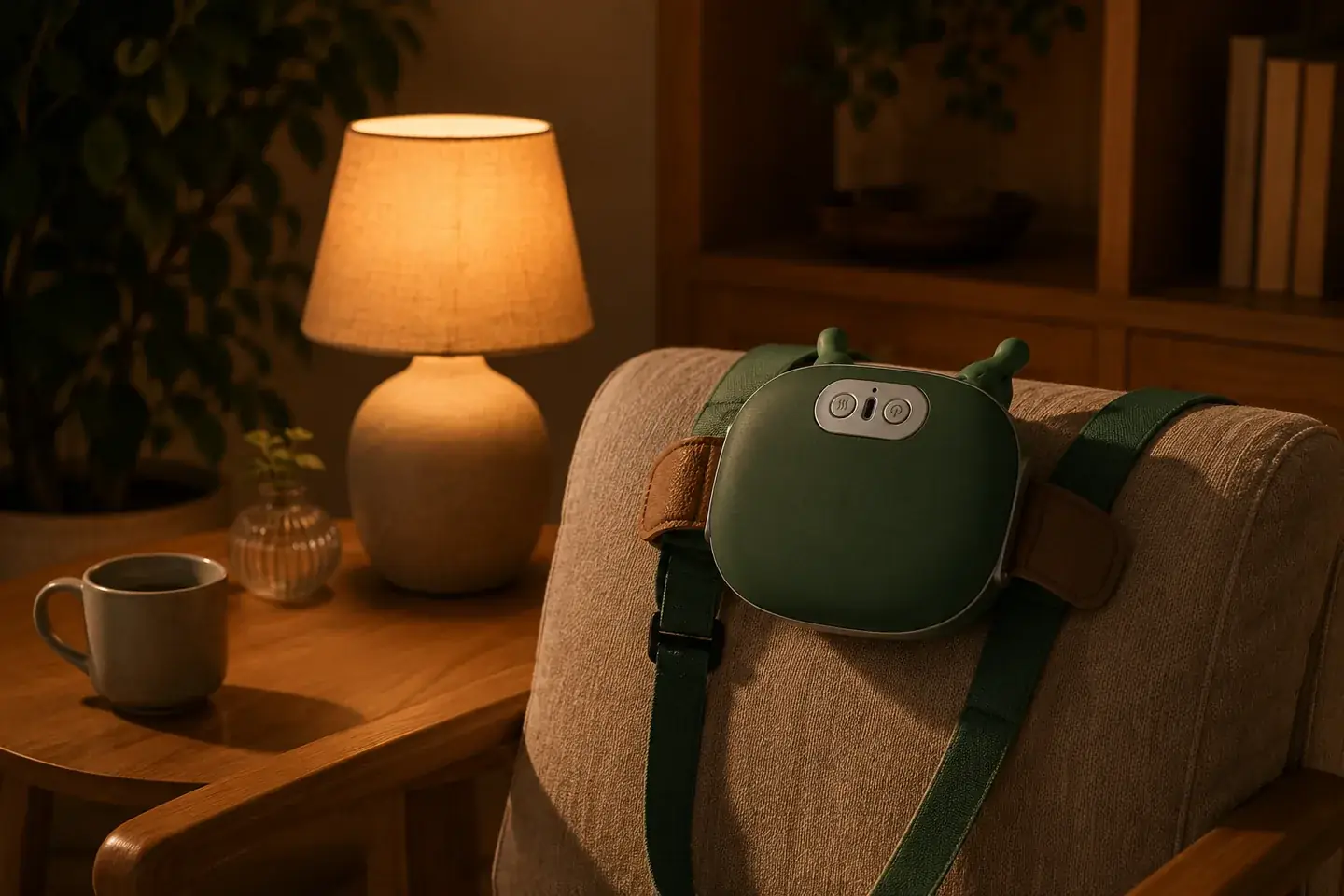 Un coin de salon en fin de journée : le châle de massage sur le dossier d'un fauteuil, une lampe allumee et une tasse