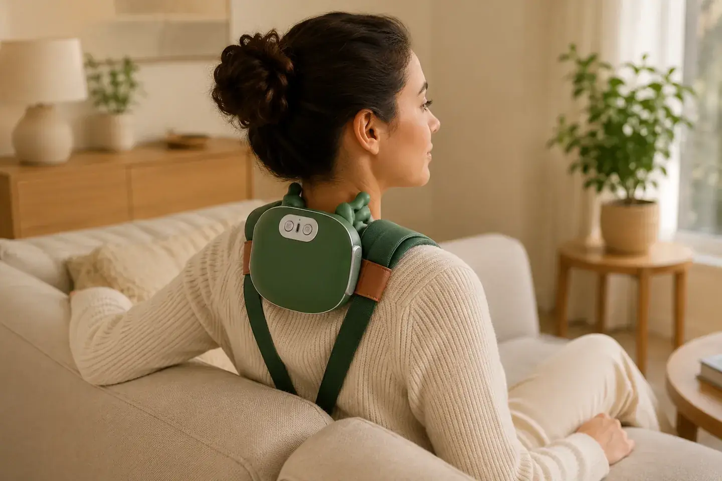 Une femme assise sur un canapé, le châle de massage en place sur la nuque, épaules détendues