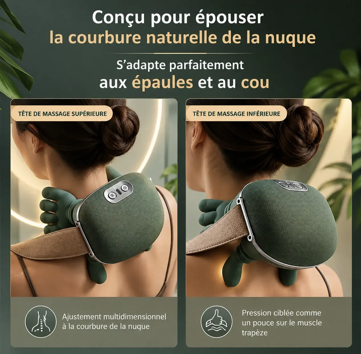 Le châle vu de dos sur les épaules, tête de massage supérieure à gauche et tête inférieure à droite