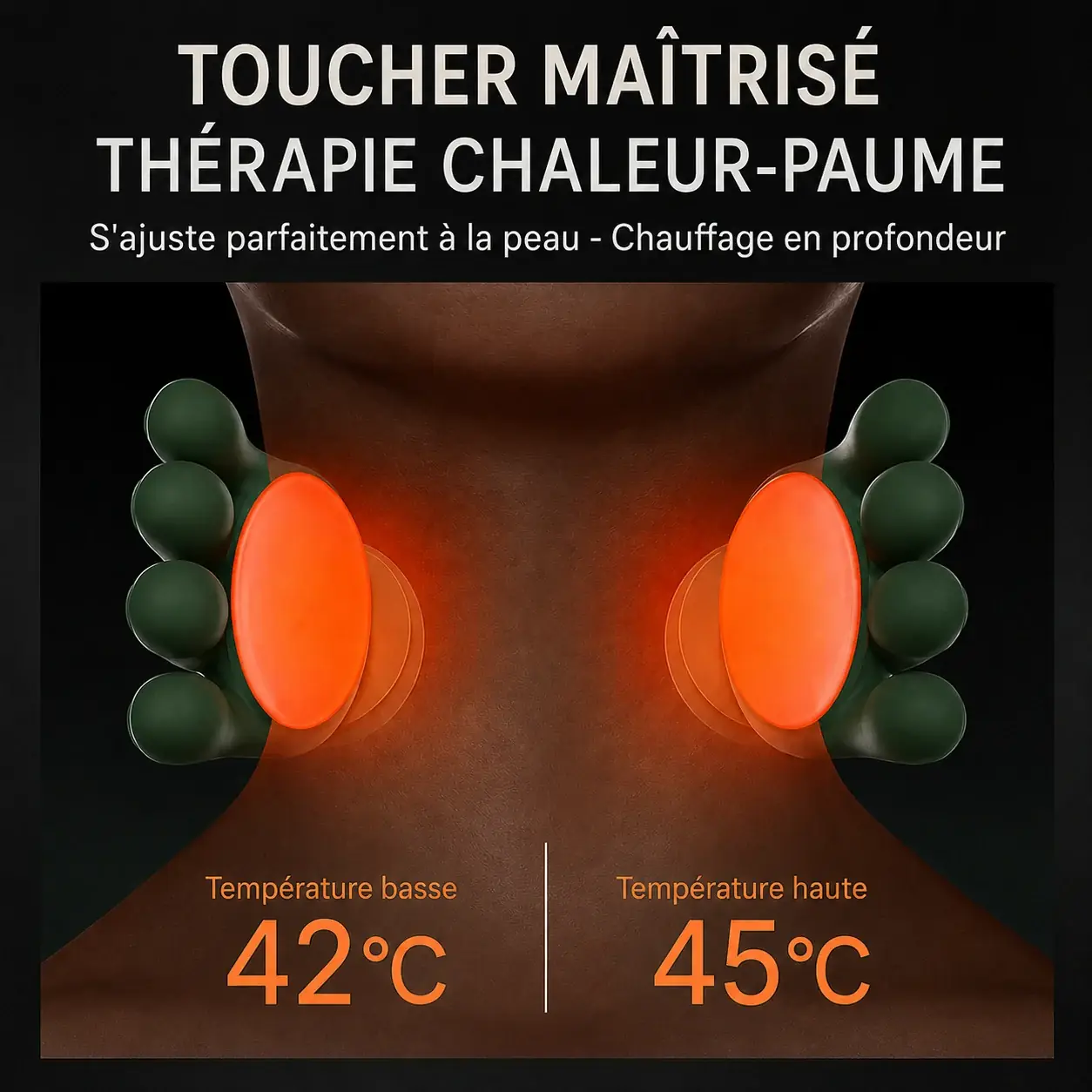 Les deux plaques chauffantes du châle en orange sur une nuque, température basse 42 °C et haute 45 °C