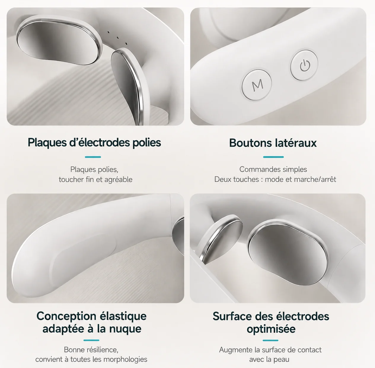 Quatre détails du collier : plaques d électrodes polies, boutons M et marche-arrêt, arceau élastique, surface de contact