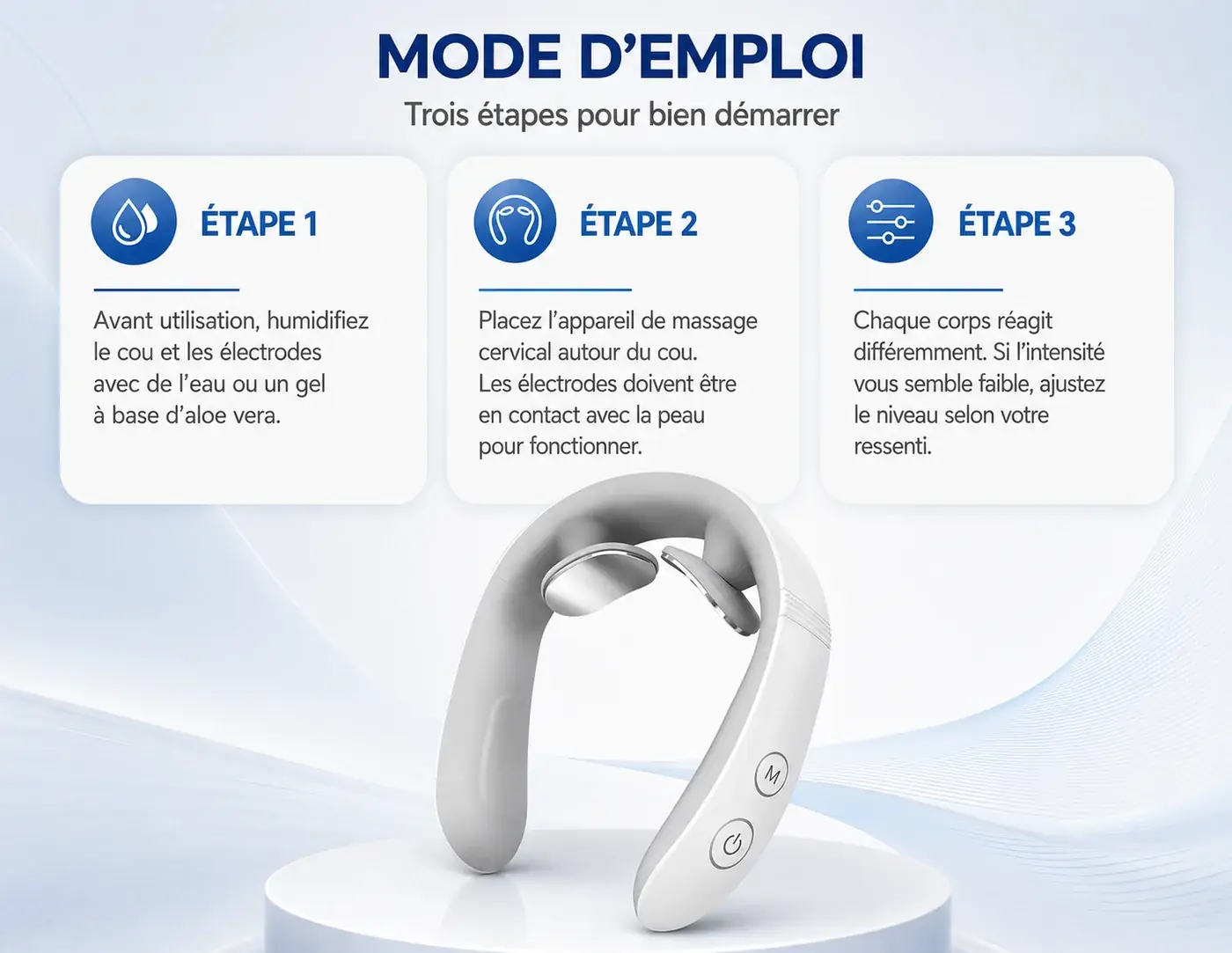 Les trois étapes d utilisation du collier : humidifier la nuque, poser l appareil autour du cou, régler l intensité